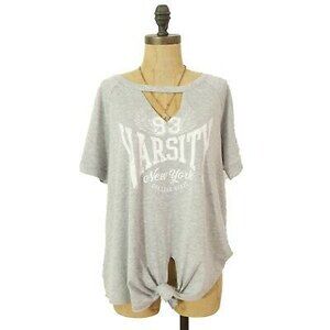Bobeau Tie Hem Top Size L Short Sleeve Varsity New York Gray NEW Tag B77